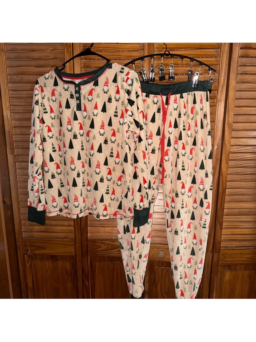 Rene Rofe Cream Holiday Gnome Pajama Set with Red & Green